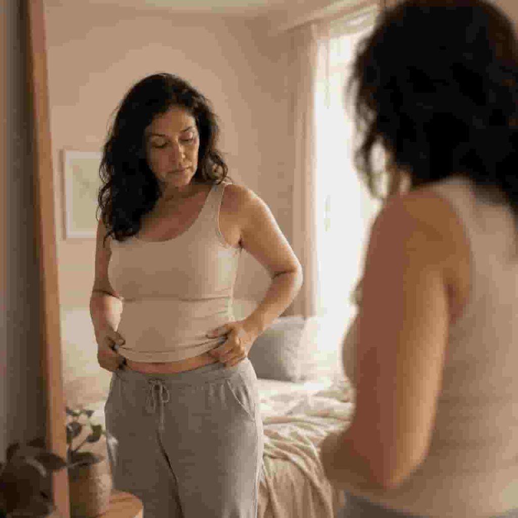 Woman noticing belly fat changes during perimenopause