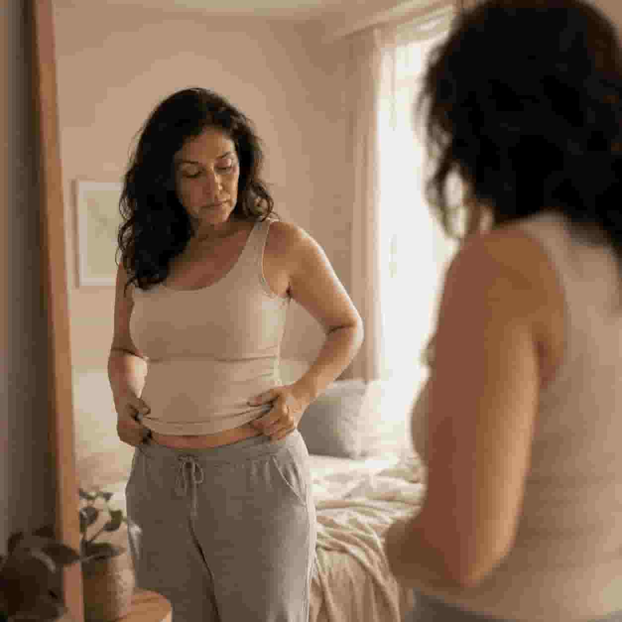 Woman noticing weight changes around the middle